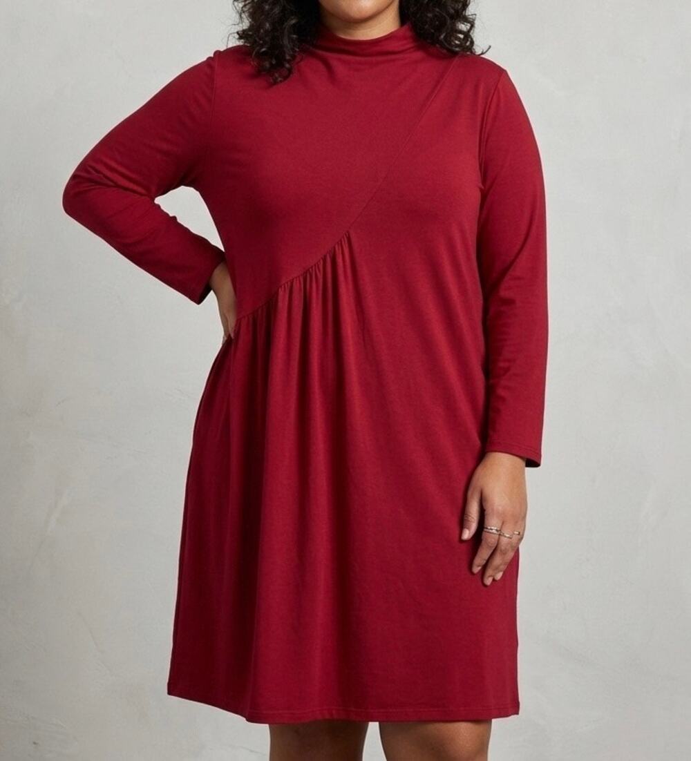 Buykud‎ Women's 2XL Red Midi Dress Long Sleeve Mock Neck Cotton Blend Comfort